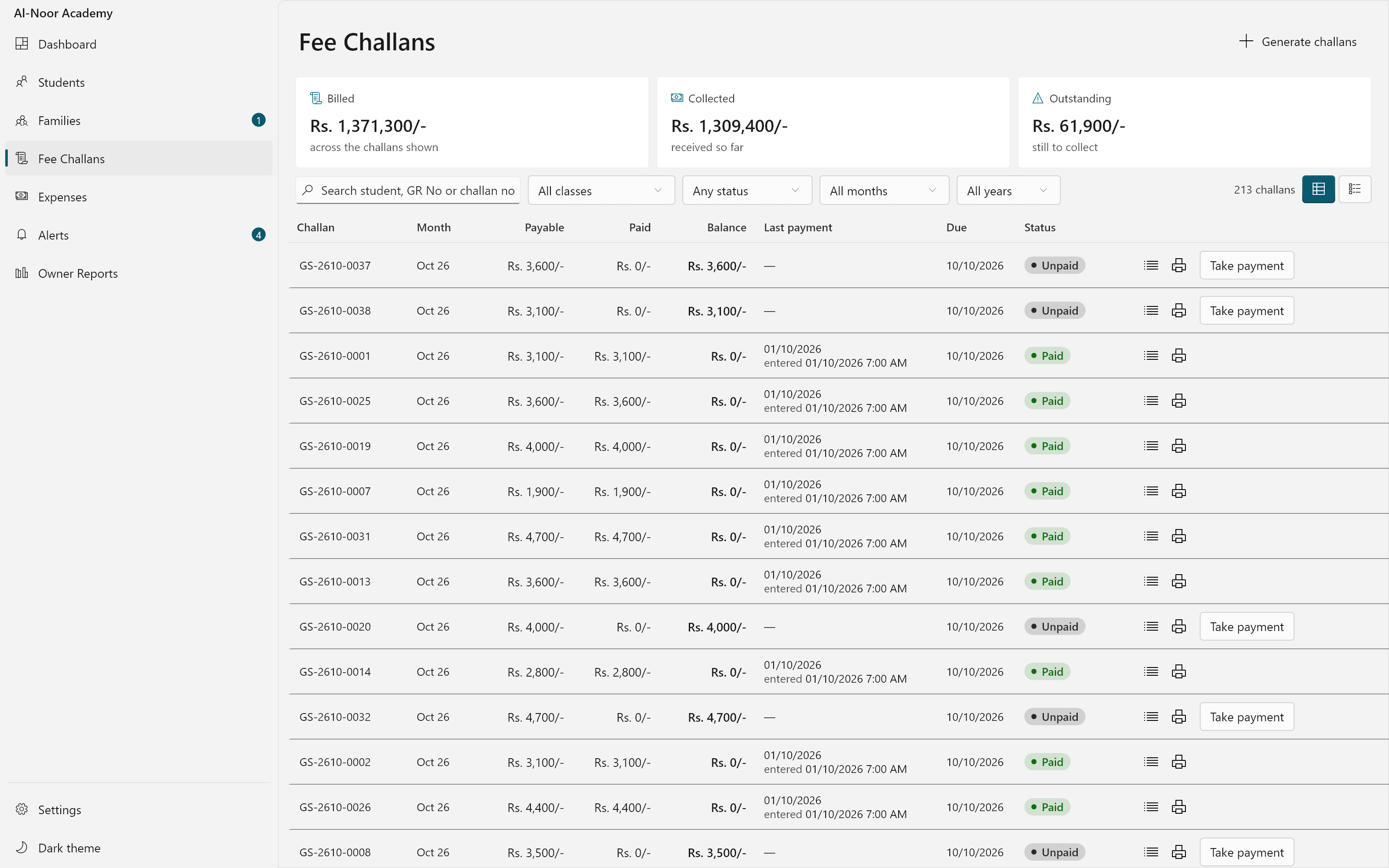 The fee challan list in Campus OS, one row per student with the amount payable, paid, the balance, the due date and a paid or overdue status.